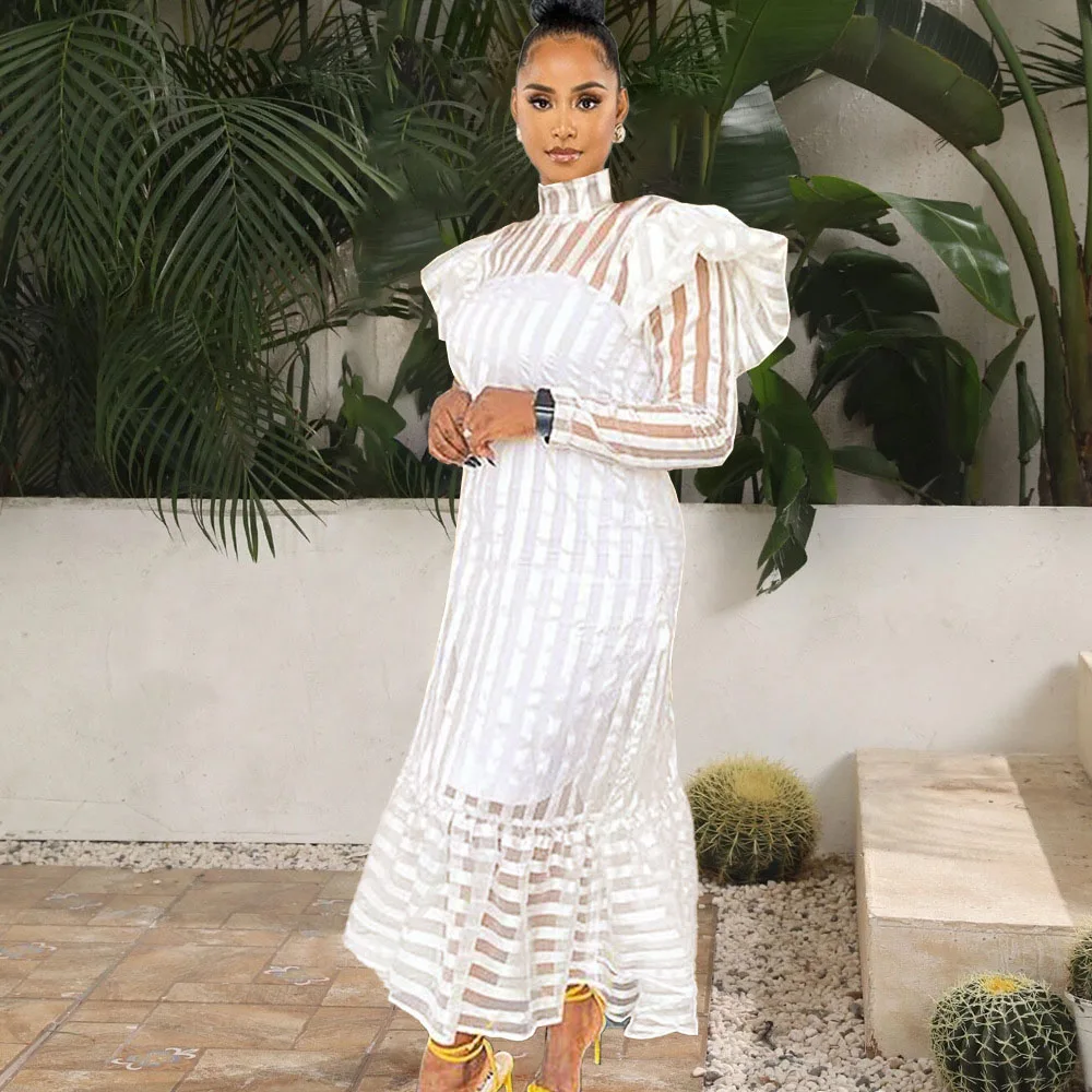 

2021 Autumn And Winter New Women's Fashion Stand-up Collar Temperament Sexy Striped Perspective Lined Ruffled Banquet Wear White