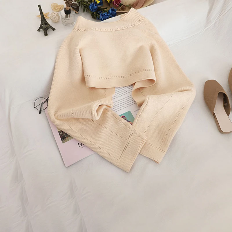 Короткий стильный Однотонный свитер повседневный Женский вязаный с v образным