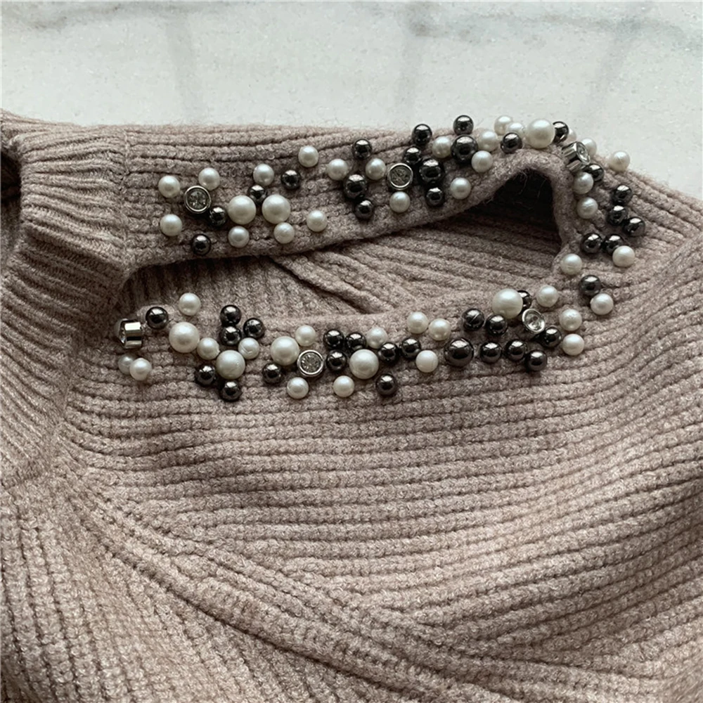 Жемчужный свитер женские костюмы модный вязаный с открытыми плечами и рукавами