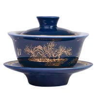 silver tea set 999 ji blue landscape kung fu cover bowl silver gilded tea cup tea set blue and white gold inlaid ceramic medium