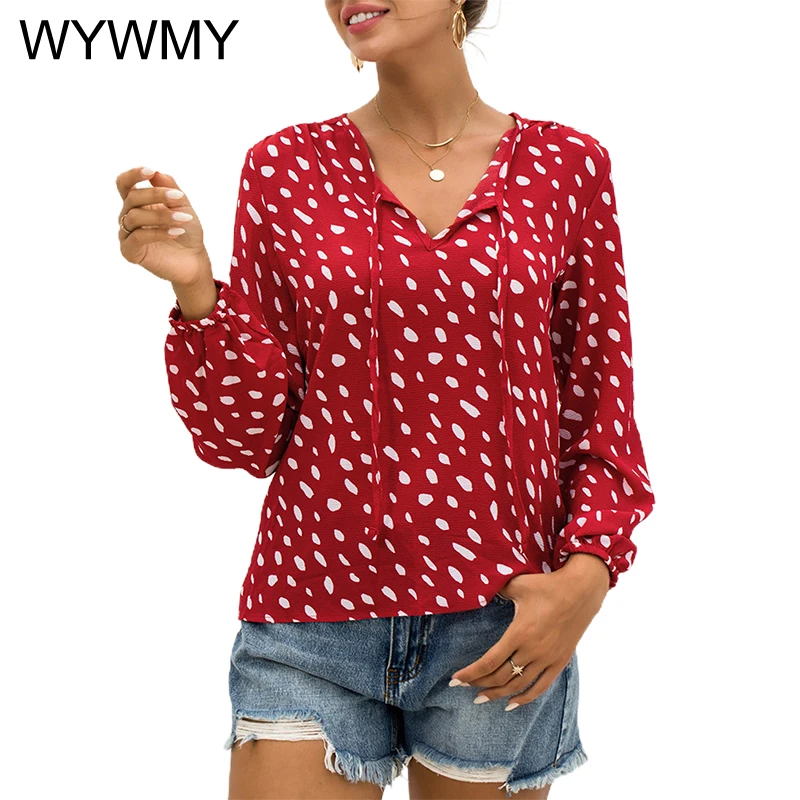 

Printed Top Women Blouses 2021 Summer Autumn V-Neck Puff Sleeves Skinny Straight Dots Printing Pullover Casual Women T-shirts