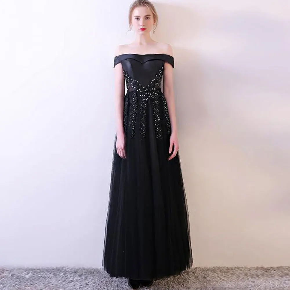 

Black A-line Net/Tulle horizontal neck Off-the-shoulder Floor length Applique Beading Sleeveless Banbage Evening Dresses