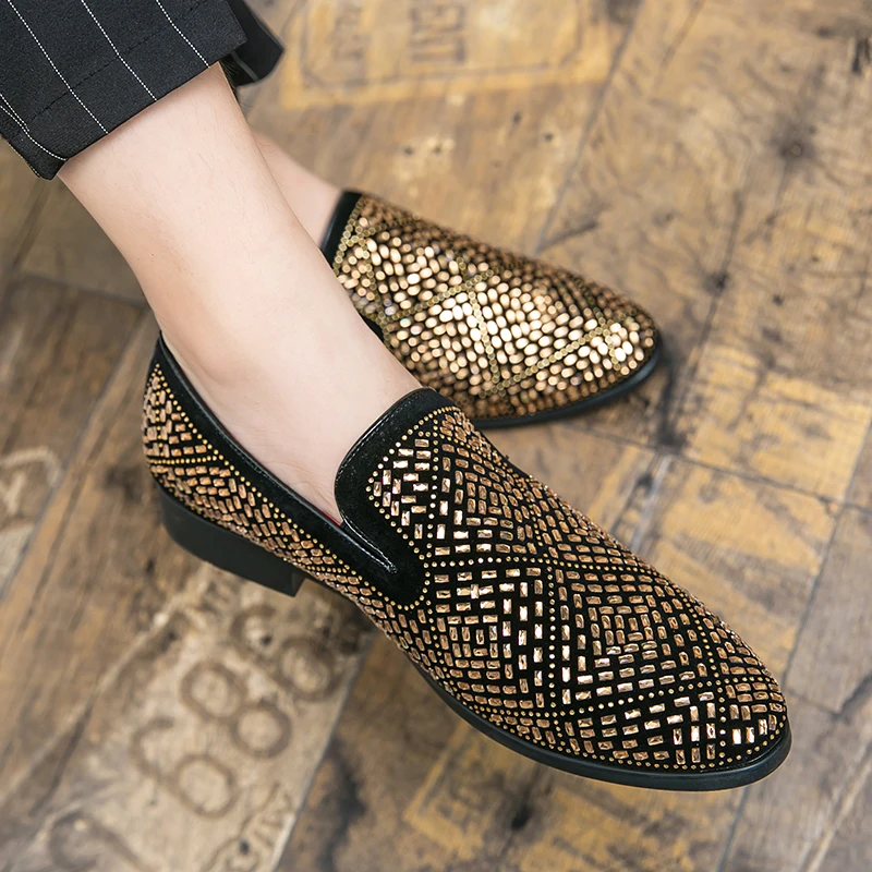 

Men's Leather Shoe Rhinestone Business Classic Suits Shoes Lazy Slip-on Fashion Casual Loafers Shoes Plus Size 38-47