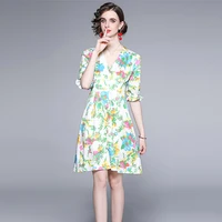 2021 new spring summer women sexy v neck half sleeve sashes slim mini dress floral print sweet vacation dress