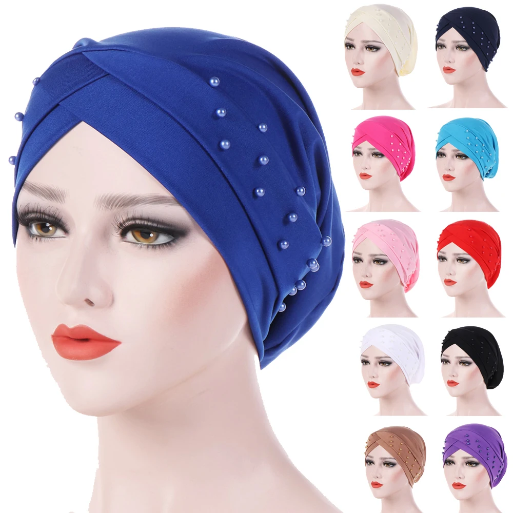 

Women Beading India Hat Muslim Cancer Chemo Cap Beanie Skullies Headscarf Turban Wrap Cap Bandanas Pearls Pile Cap Headwrap New