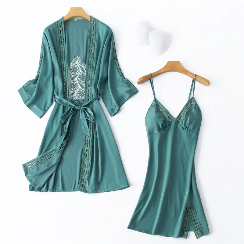 

Robe Suit Sexy Pajamas Gown Set Womens V-Neck Cami Nighties 2PC Wear Pijama Print Home Nightwear Lingerie Spring Lady Nightdress