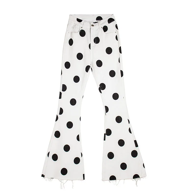 

Women Fashion Jeans Dot Print High Waist Slim Skinny Bodycon Flare Pants Full Length Stretch Elastic Female Trousers C3082