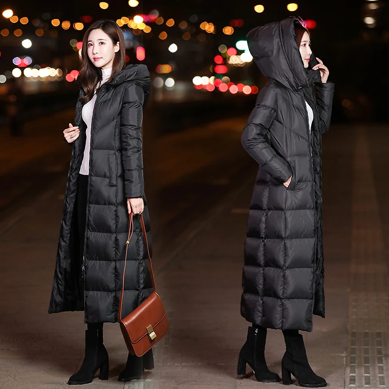 Пуховик женский зимний 2020 с капюшоном длинный приталенный теплый размера плюс |