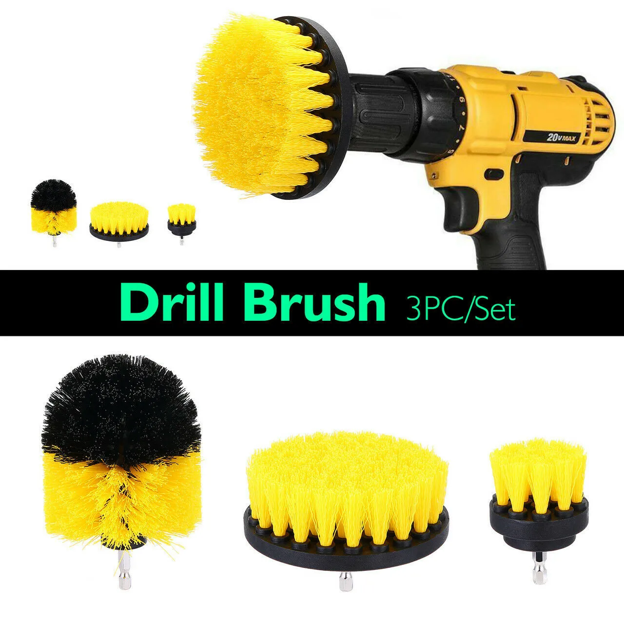 

2/3.5/4 Inch Drill Scrubber Brush 3PCS For Valeting Detailing Bathroom Nylon Yellow