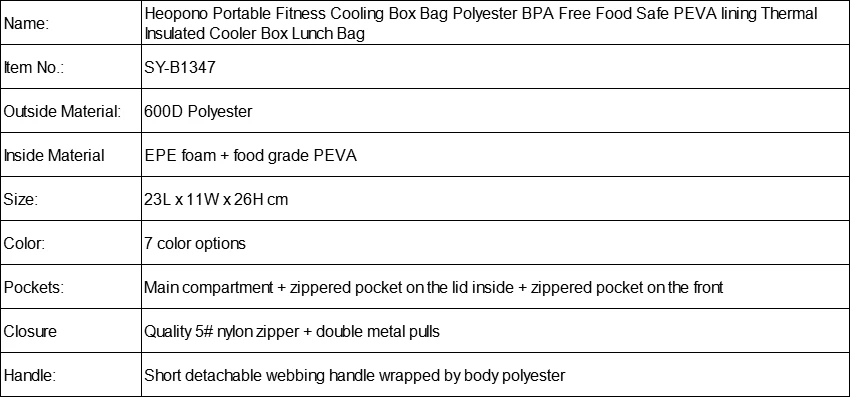 Heopono фитнес пищевой PEVA BPA бесплатно съемная ручка Фирменная 600D полиэстер теплоизолированная сумка-холодильник для ланча портативный