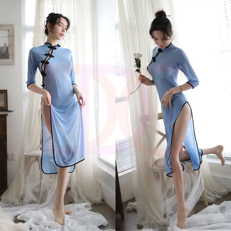 Прозрачный Qipao пикантные длинные Соблазнительные костюмы для косплея Chengsam