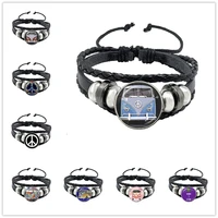 new hippie peace sign fan bus leather bracelet men and women vintage jewelry convex round glass black bangle wholesale