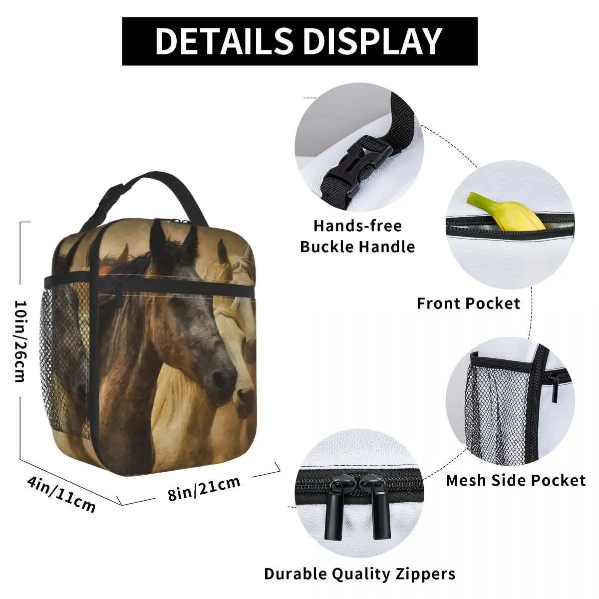 

Horses (2) Lunch Bag for Women Men Large Insulated Lunch Box with Water Bottle Holder and Pockets