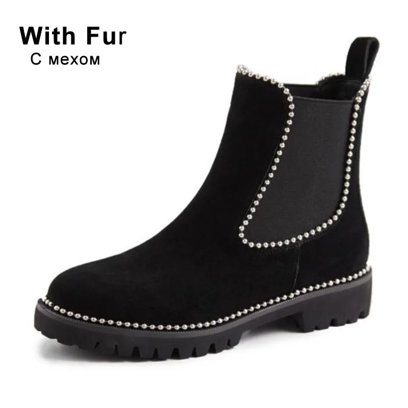 Taoffen Size 34-41 Women Genuine Leather Beads Ankle Boots Chelsea Office Work Party Casual Short Boots Flats Daily Footwear - Цвет: black with fur
