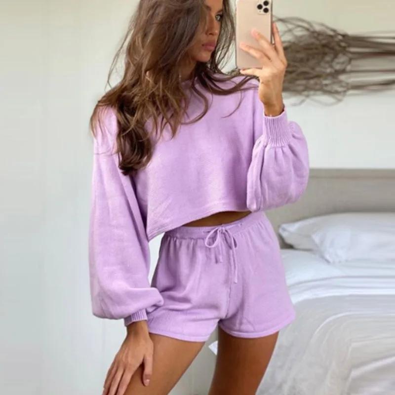 

Women Outfits Set Solid Long Sleeve Knitted Pullover Loose Cropped Hoodies Top+Drawstring Shorts Spring Autumn Casual Clothing