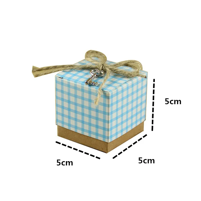 50PCS Pink Blue Plaid Square Kraft Paper festival Wedding Favors Candy Box Rope & Keys Baby Birthday Party Plaid Paper Gift Box
