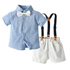Костюм Джентльмена для маленьких мальчиков, рубашка с коротким рукавом и галстуком-бабочкой + шорты на бретелях, повседневная одежда для маленьких мальчиков 0-24 мес.