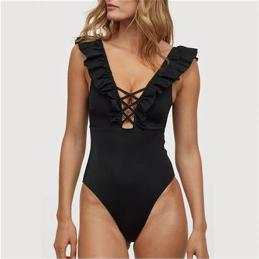 Сексуальный черный купальник с глубоким вырезом и оборками Цельный бандаж для