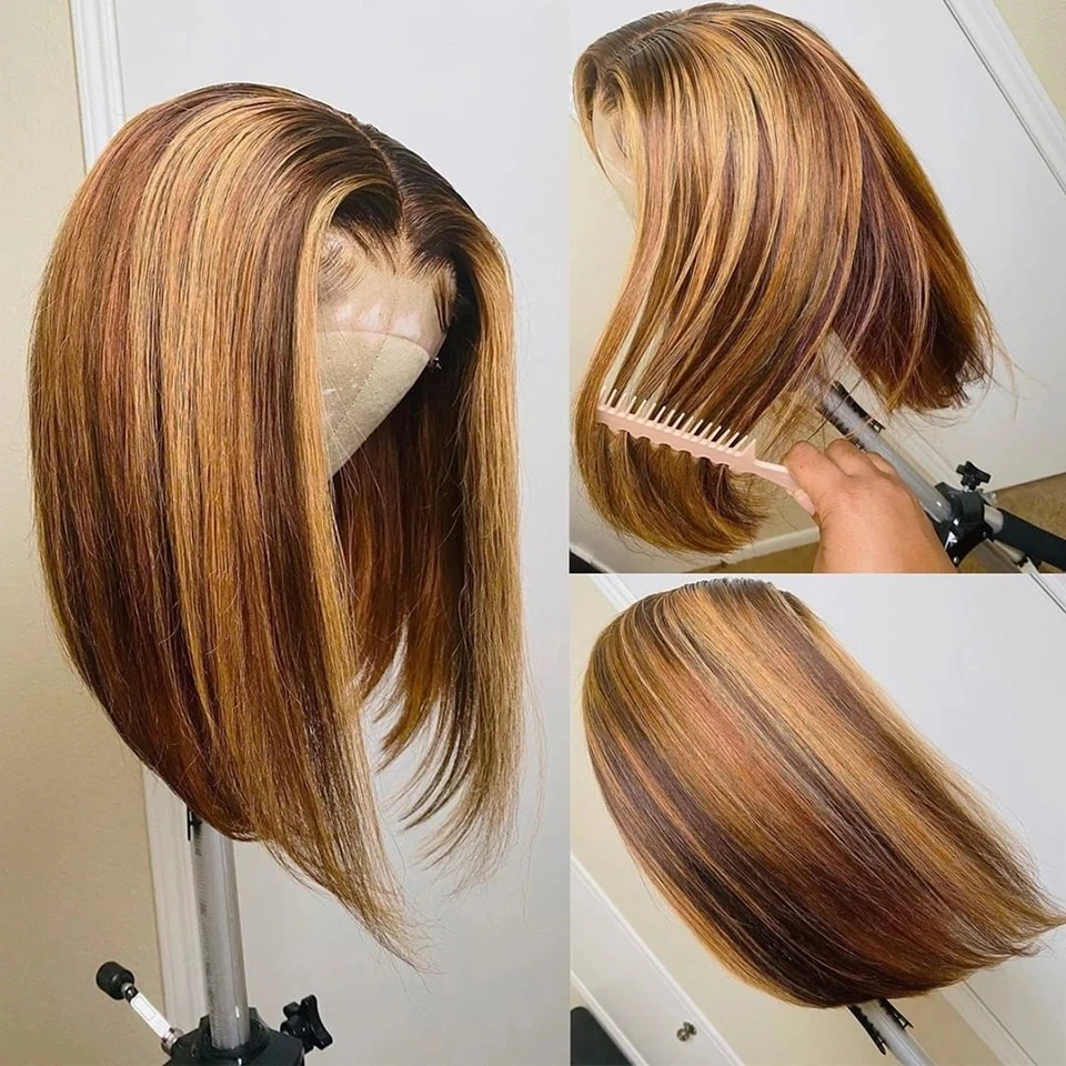 Highlight Bob Wig Human Hair Brazilian Ombre Lace Closure 4*1 T Part Short For Women Queen | Шиньоны и парики