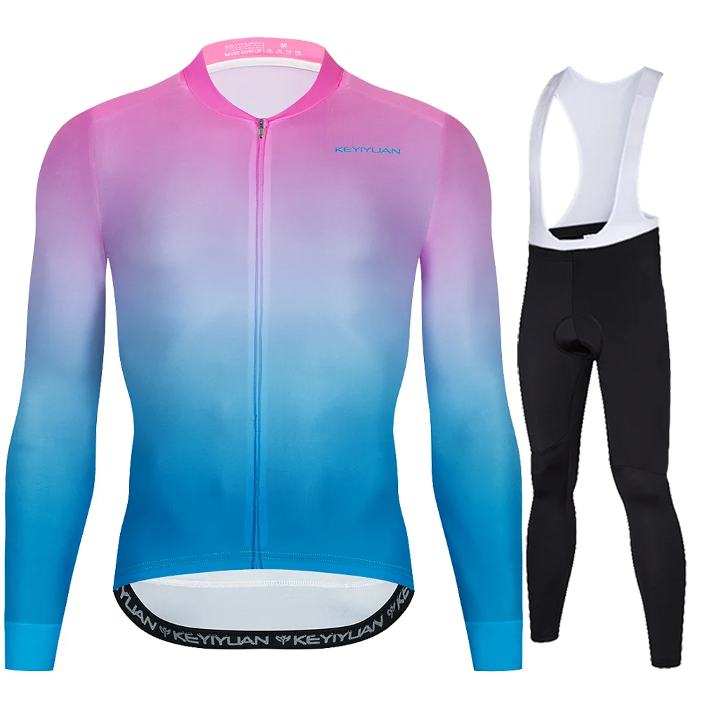 

KEYIYUAN Spring Autumn Men Pro Mountain Bike Team Cycling Jersey Long Sleeve Gel Padded Bib MTB Triathlon Suit Maillot Largo