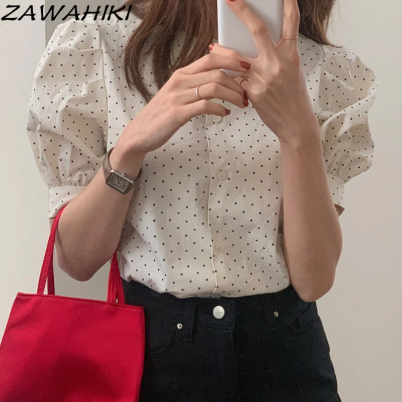 ZAWAHIKI Korean Elegant Women's Shirt Summer O Neck Single Breasted Wear on Both Sides Polka Dot Tops Puff Sleeve Loose Blouse