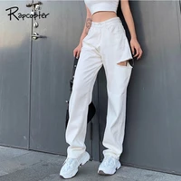 rapcopter cut out women jeans pants zip high waist denim pants loose straight jeans korean streetwear harajuku autumn cargo pant