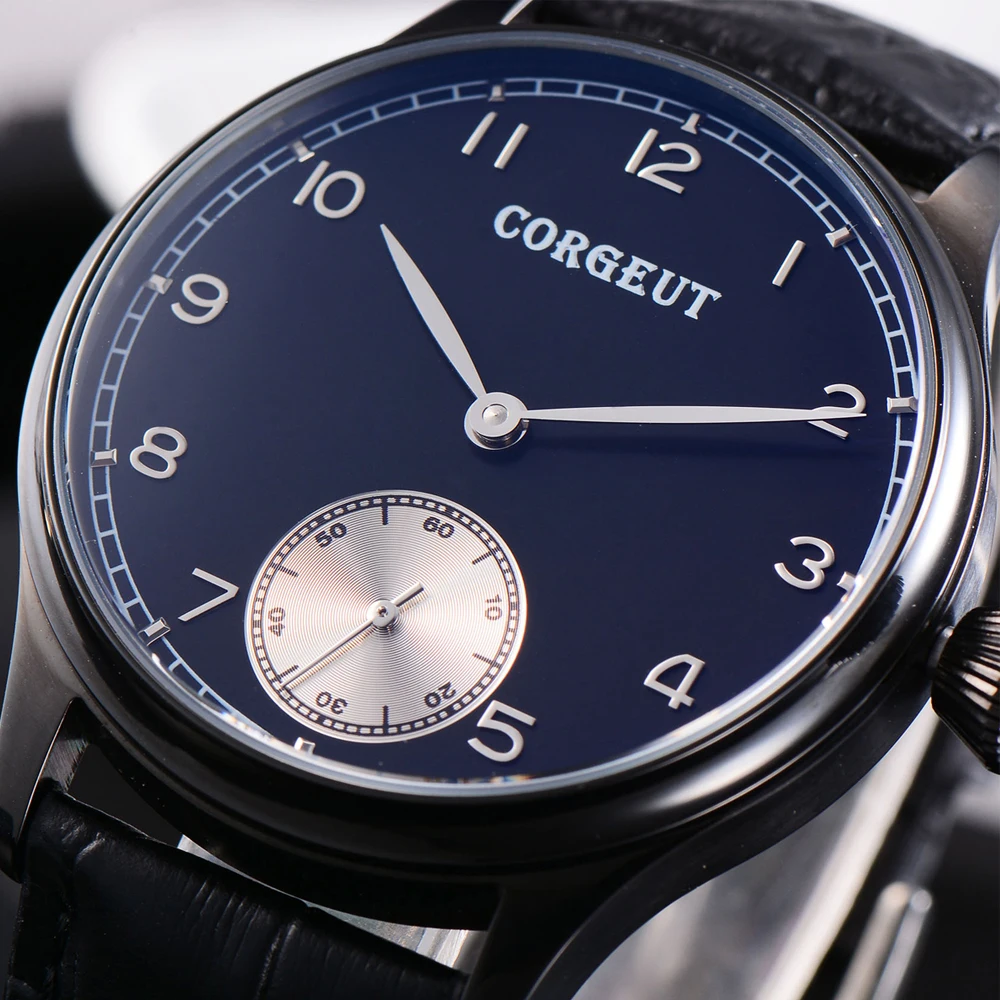 44 мм Corgeut модные часы с кожаным синим циферблатом механические ручным заводом