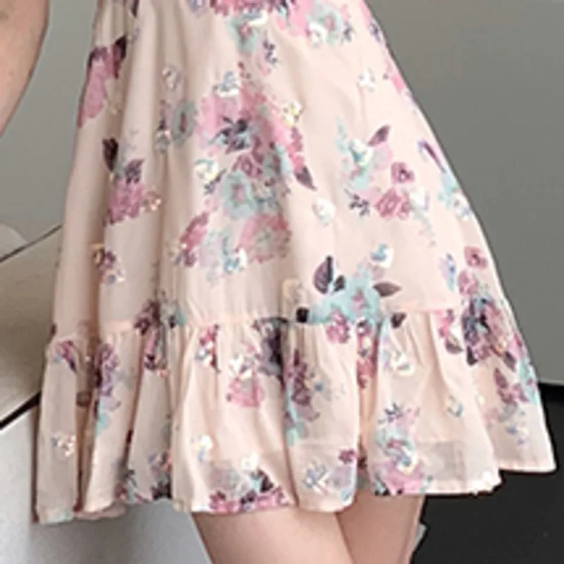 

Summer Chiffon Floral Dress Fairy Slash Neck Print Puff Sleeve Mini Ruffle Sweet Dresses 2021 Sundress Vestidos De Mujer Sequins