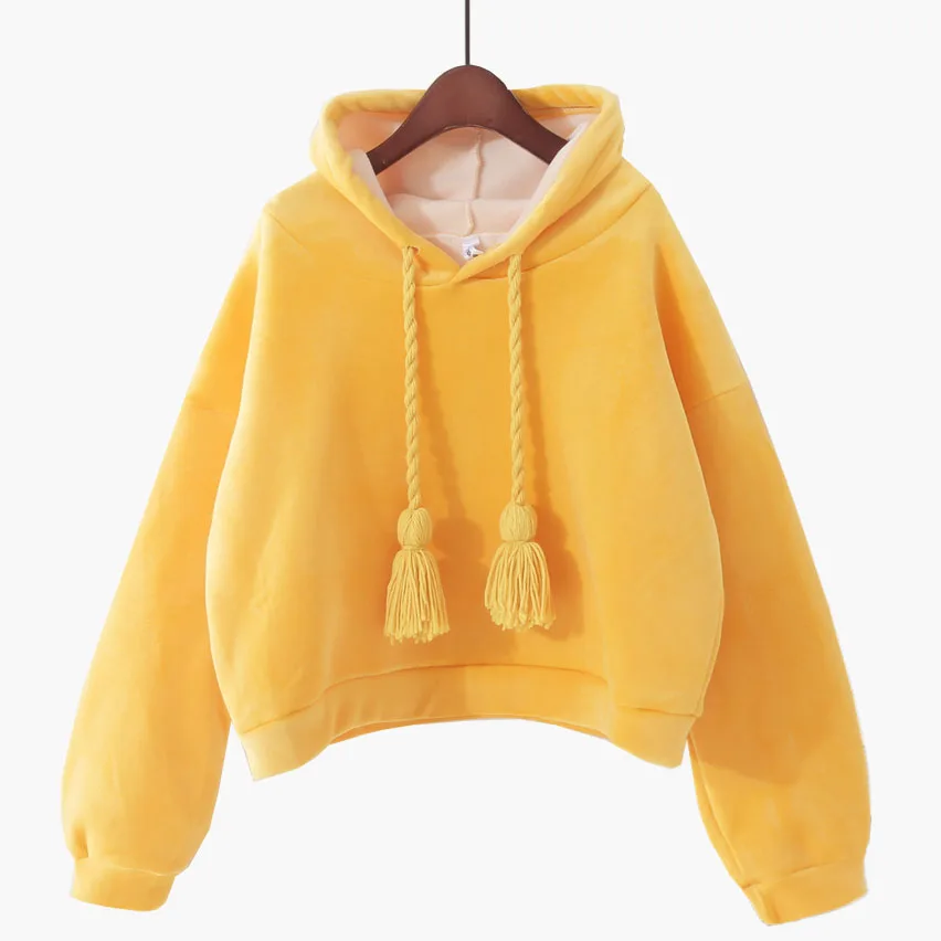 

Winter New 2021 Casual Wild College Style Hooded Loose Thin Twist Drawstring Women's Solid Butterfly Sleeve Short Sweatshirt