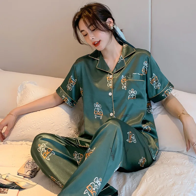 CAIYIER Sexy Nightwear Summer Short Sleeves Trousers Satin Pajamas Women Turn-down Collar Luxurious Atmosphere Silk Sleepwear
