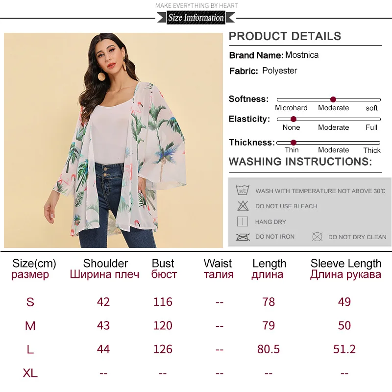 

Mostnica Boho Flamingo Printed Transparent Long Kimono Women Casual Batwing Sleeves Chiffon Suntan-proof Blouse Woman Streetwear