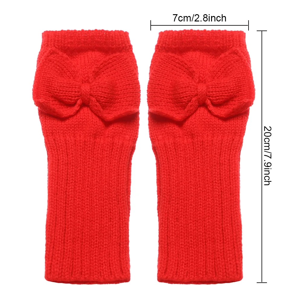 

1pair Winter Bowknot Knitted Gloves Women Girls Solid Color Warm Mittens Fingerless Thick Artificial Wool