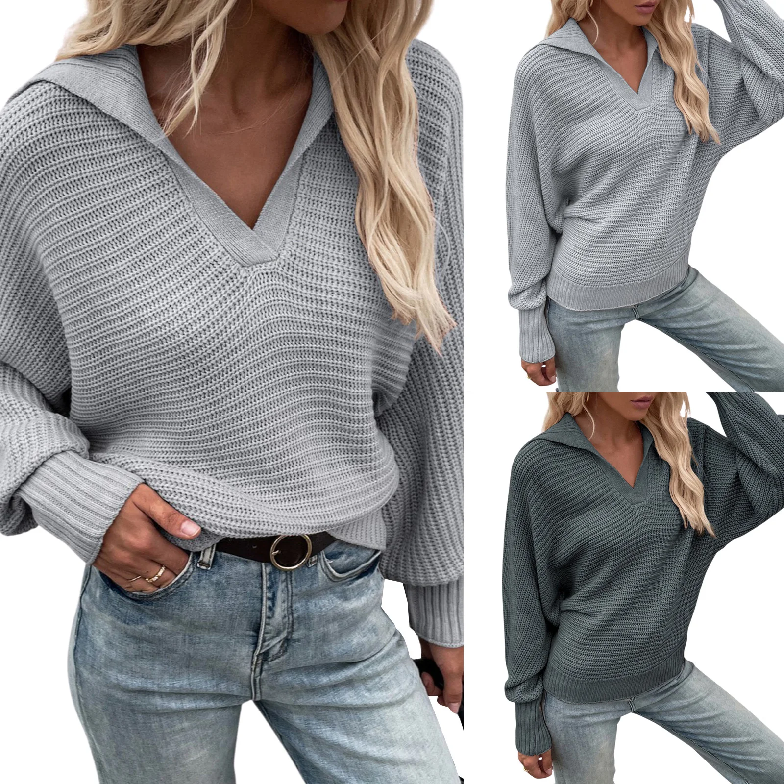 

Женский Однотонный свитер, трикотажная Свободная трикотажная одежда с длинным рукавом и V-образным вырезом для взрослых на осень и зиму