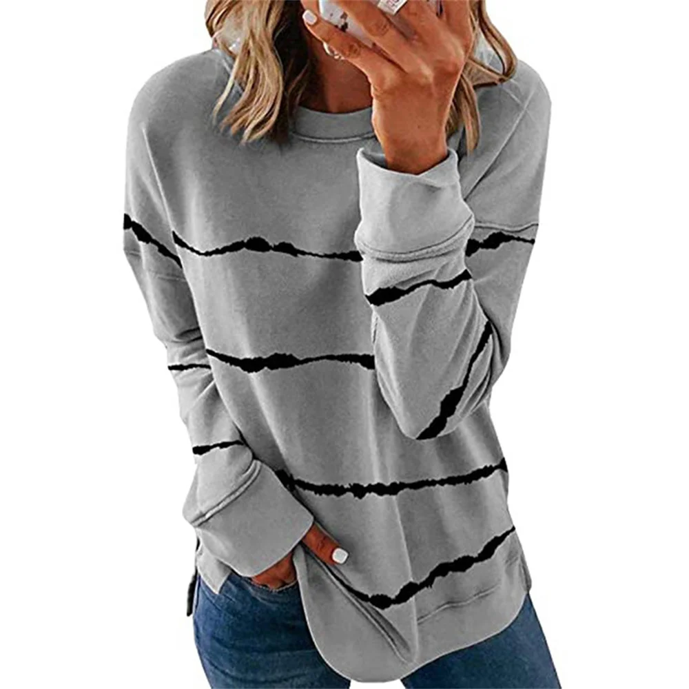 2021 Autumn And Winter Women's Tie-Dye Striped Printing O Neck Loose Long-Sleeve T-Shirt Fashion Casual Pullover Tops