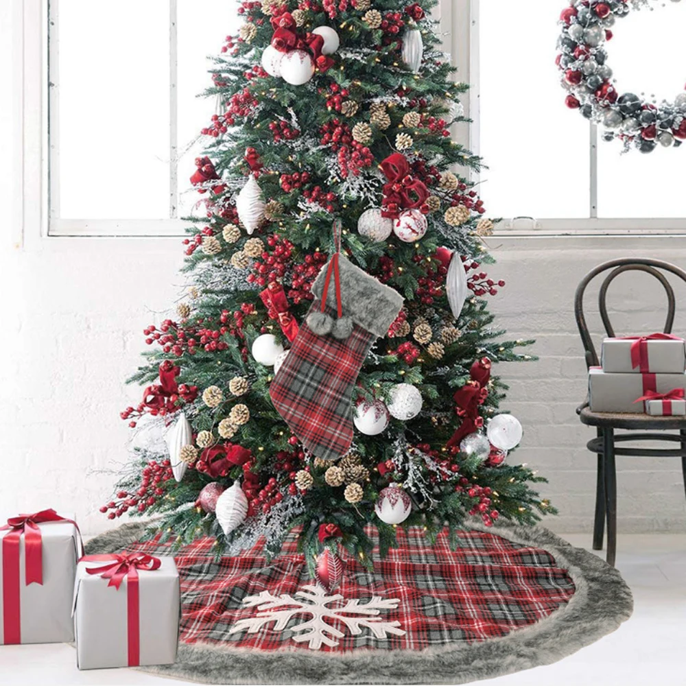 Юбка для рождественской елки клетчатая юбка со снежинками украшение с толстой