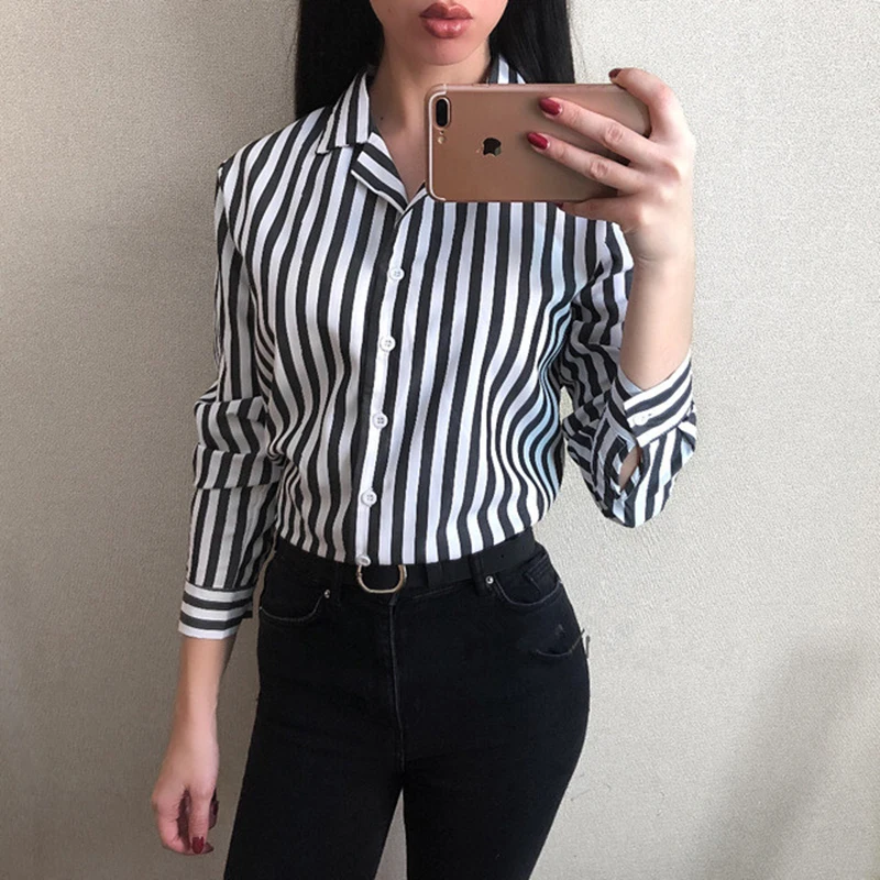 2020 New Spring Autumn Women Blouse black strips V-Neck Long Sleeve Work Shirts office Tops Striped blouse for business | Женская одежда