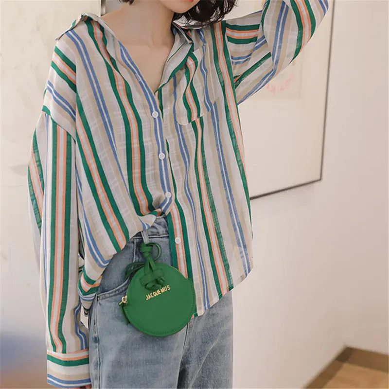 

HziriP Chiffon Striped Sunscreen Elegant Women Casual Vintage Fashion 2019 High Street Thin Slender Loose Shirts 2 Colors