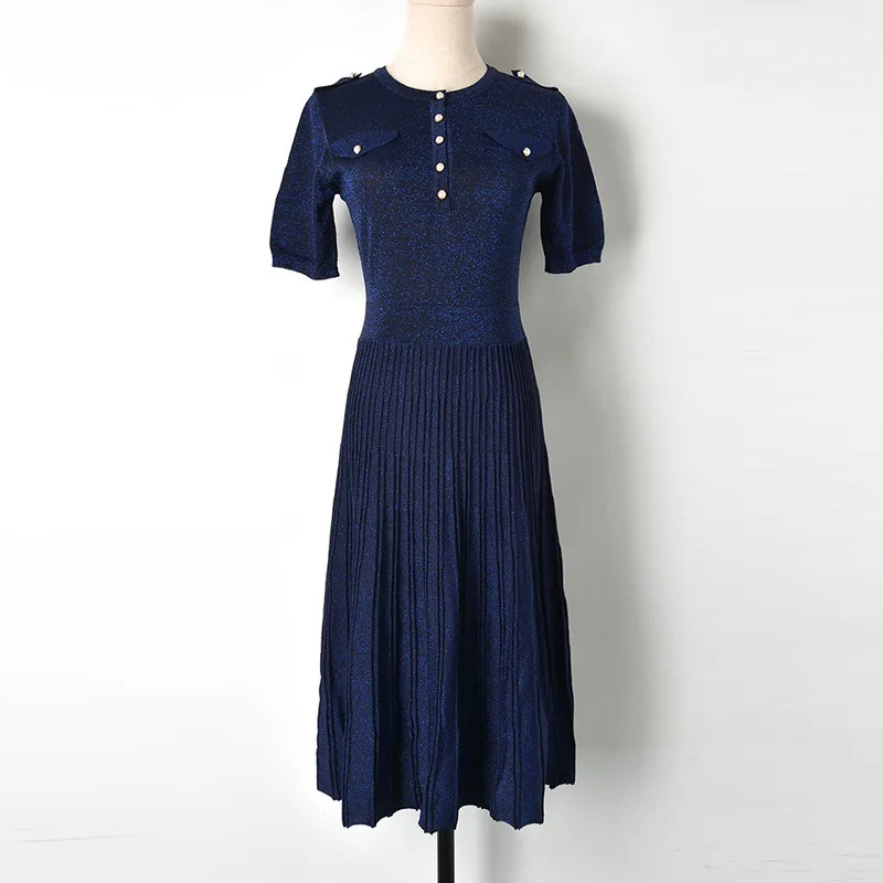 

Knitted Women Dresses Summer 2021 Navy Blue Midi Dress Vestido Feminino Round Neck Short Sleeve Slim Pleated Dress Elegant Robes