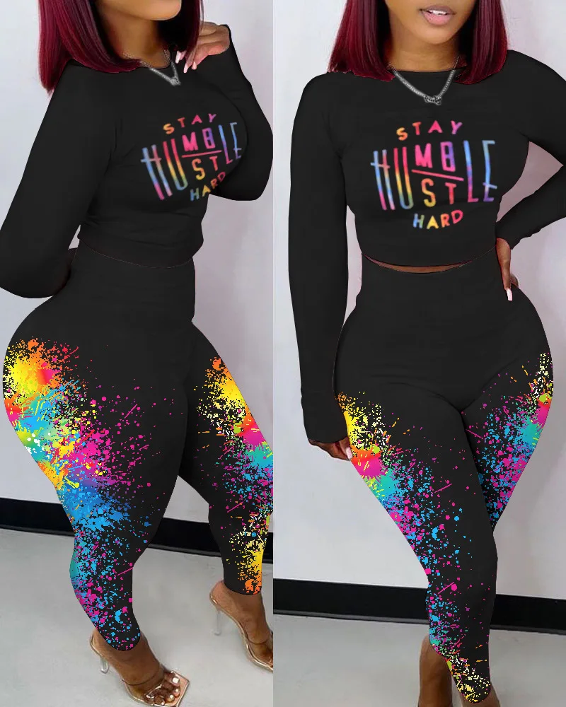 

Black Printed Pants Sets Women Tight Pleated Two-piece Suit 2021 Spring and Autumn New Casual Tight Two-piece Suit