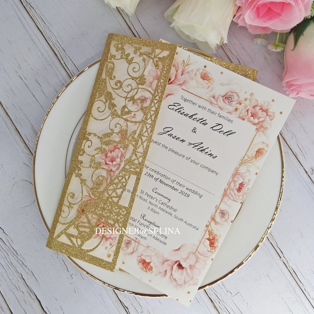 50 шт. Золотая блестящая башня Лазерная вырезка Свадебное приглашение