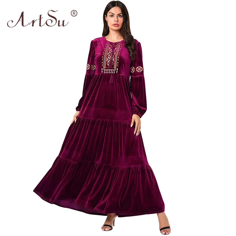 Женское бархатное платье макси ArtSu длинное в этническом стиле с геометрической