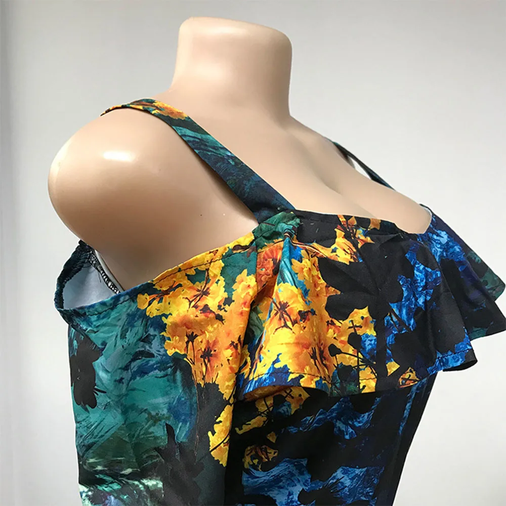 

Autumn 2021 Europe America New Casual Strapless Printing Jumpsuit Fashion High Waist Long Sleeve One Word Collar Loose Women's