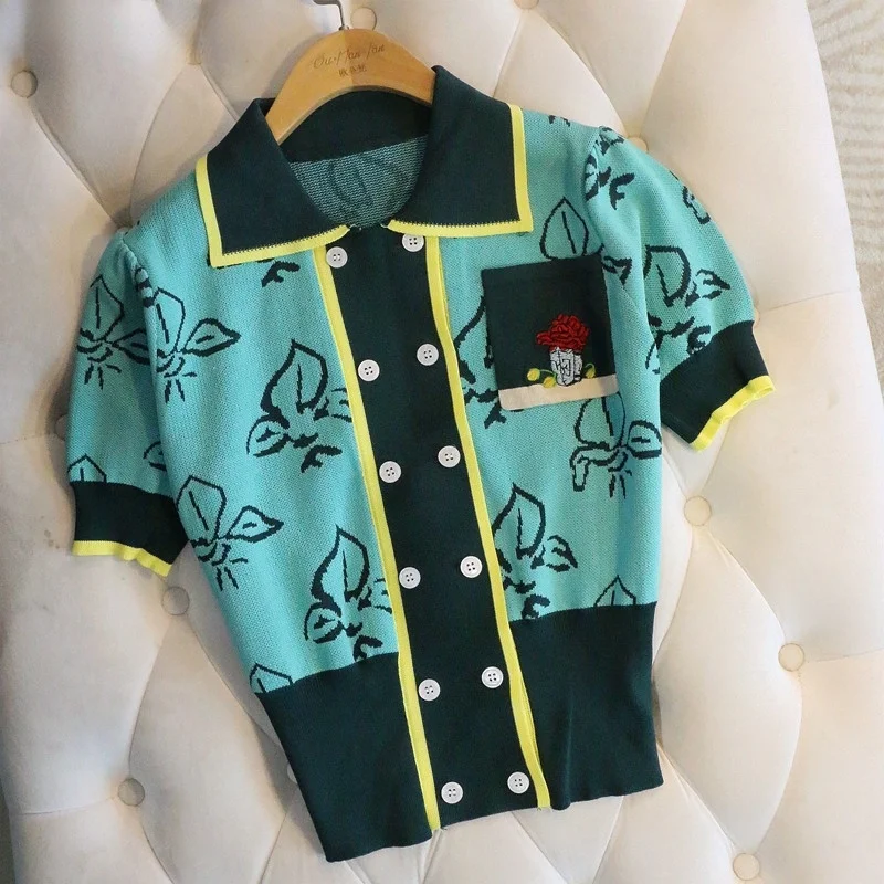 

High Quality Knitted Tops 2021 Summer Double-breasted Leaves Printed Green/Pink Thin Short Sleeve Cardigan Knitwear