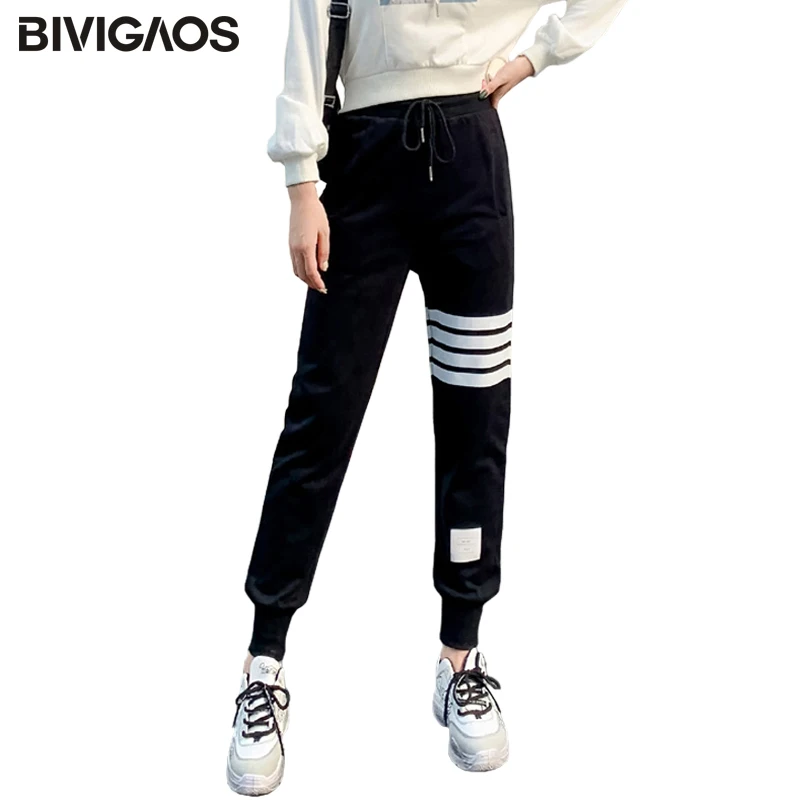 

BIVIGAOS Four Bars Cotton Gray Sport Pants Women New Korean Casual Sweatpants Slim Joggers Pants Spring Autumn Sweat Pants