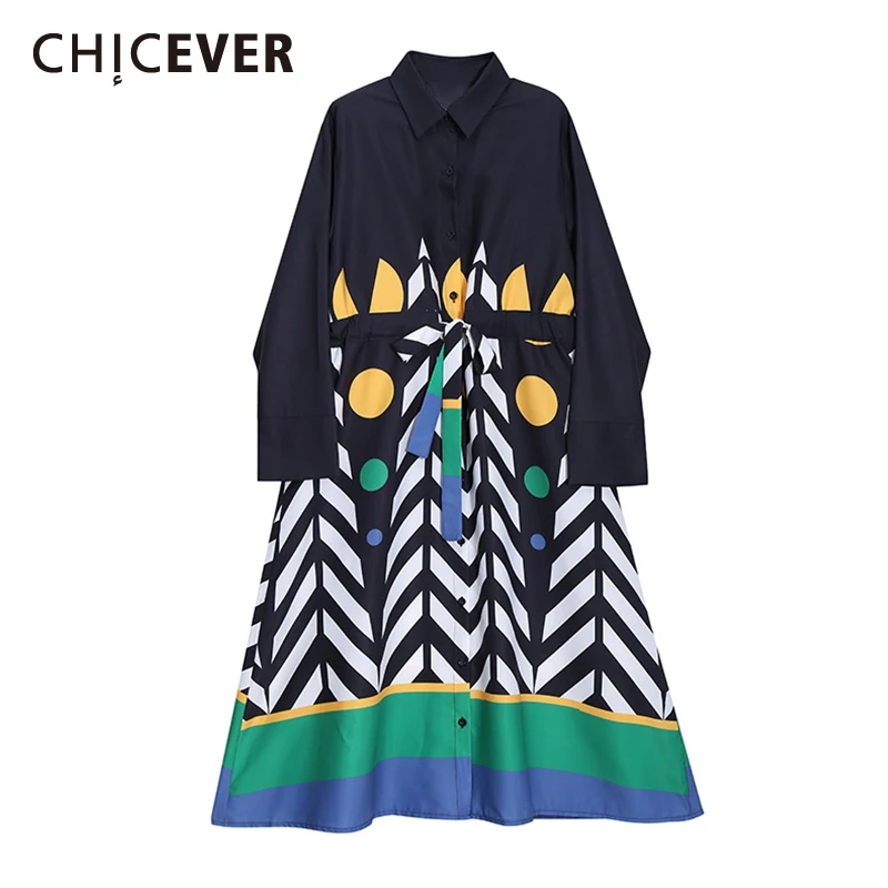 

CHICEVER Print Colorblock Loose Dress For Women Lapel Collar Long Sleeve Oversized Female Summer Dresses New Clothing 2021 Style