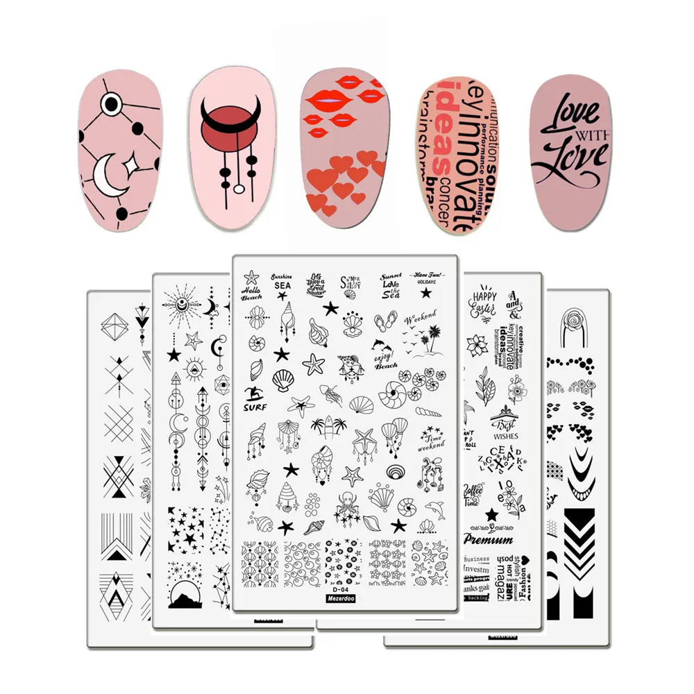 

1Pc Geometry Waves Surf Nail Art Stamping Plates Big Size Flowers Words Image Gel Nail Template Stencils Manicure Stamp Tools
