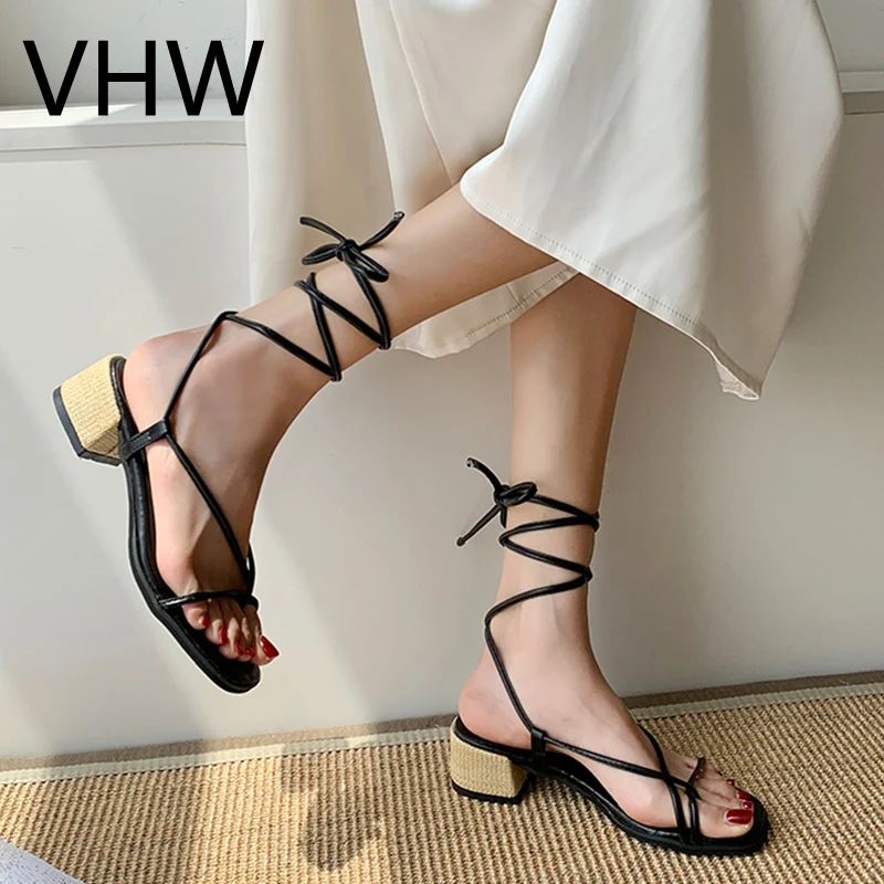 

Women Mid Heels Sandals Women 2021 Summer Sexy Ankle Cross Strap Shoes Fashion Open Toe Square Heel Black Casual Woman Sandals