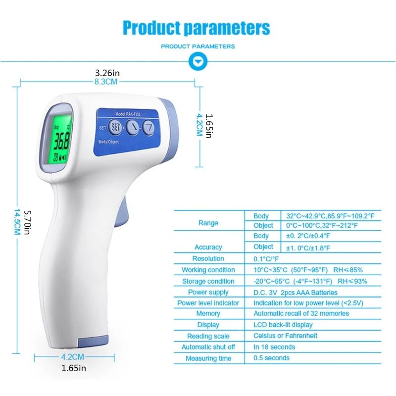 

Non-Contact Body Infrared Forehead Thermometer Muti-fuction with LCD Display Digital Temperature Measuring Tool