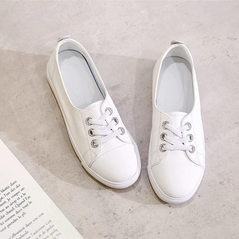 

MLJUFEE 2021 Women Flats Soft Cow Leather Autumn Spring Round Toe Lace Up White Color Ballet Flats Shoes Size 41