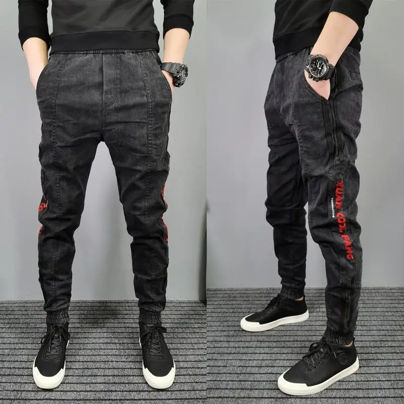 Vintage Jeans Men's Korean Fashion Pants Skinny Pants Slimming Teen Pants Male Students Winter Ankle-Tied Trousers Black Jeans